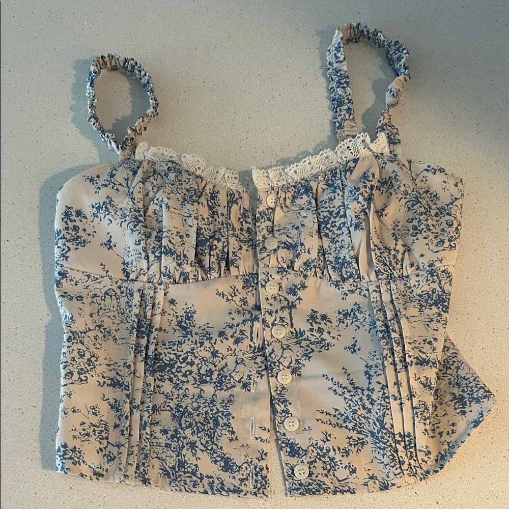 Commense Blue Floral Camisole with Cream Lace